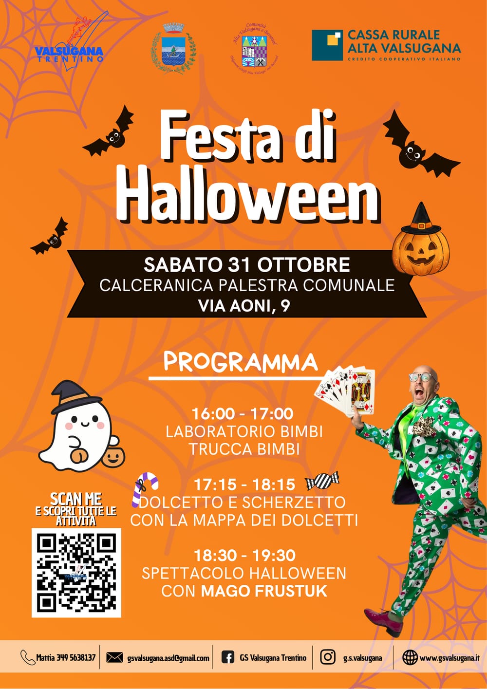 Locandina della Festa di Halloween, sabato 31 ottobre, palestra comunale di Calceranica